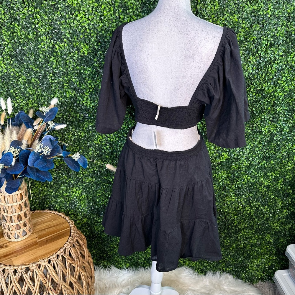 NWT Free People Cross‎ Of Sunlight Mini Dress Cutout Waist  Black linen blnd - Picture 11 of 14
